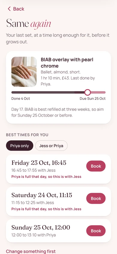 The Same again screen in the app