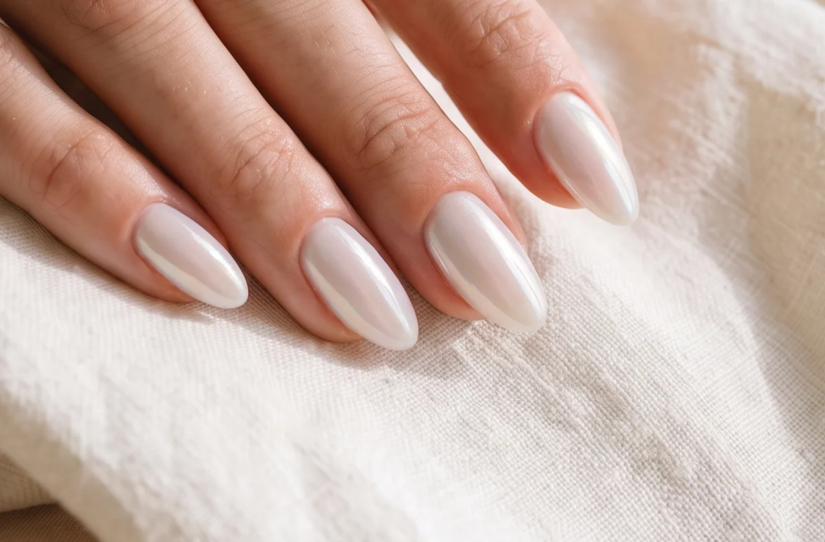 Almond nails with a pearly chrome finish
