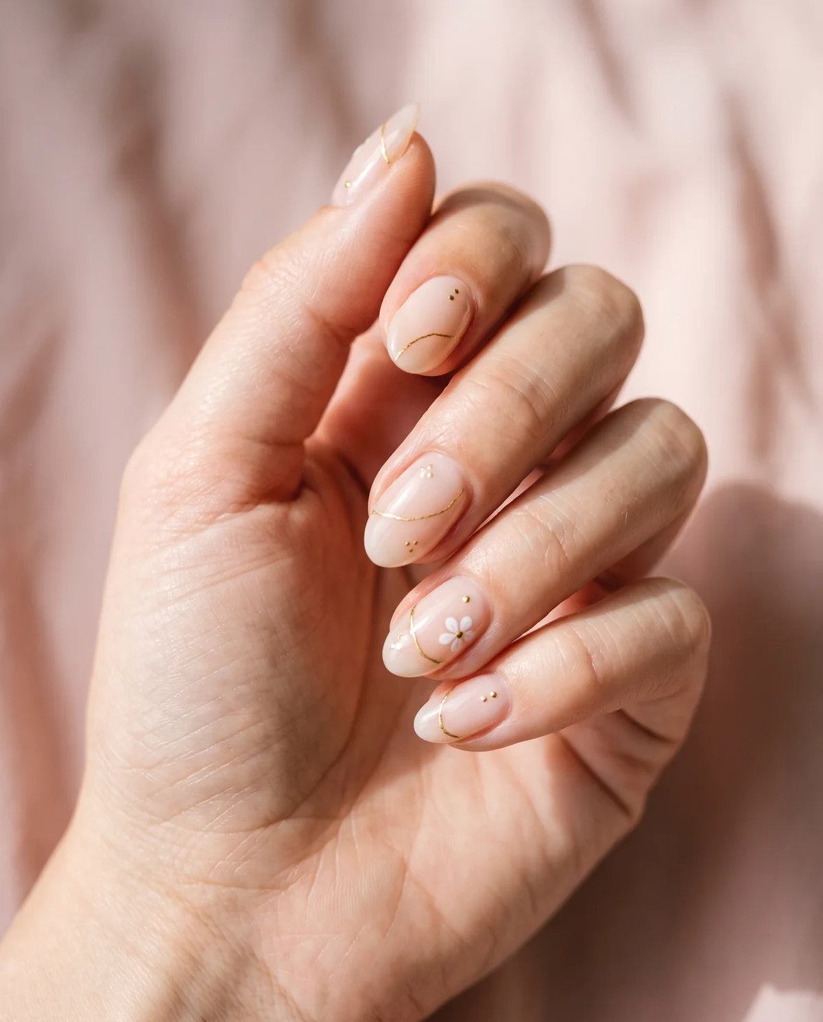Nude nails with fine gold lines and a small painted flower