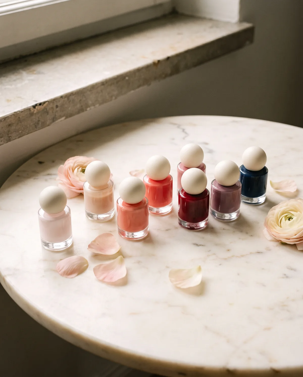 A row of polish bottles from milky pink to navy on white marble