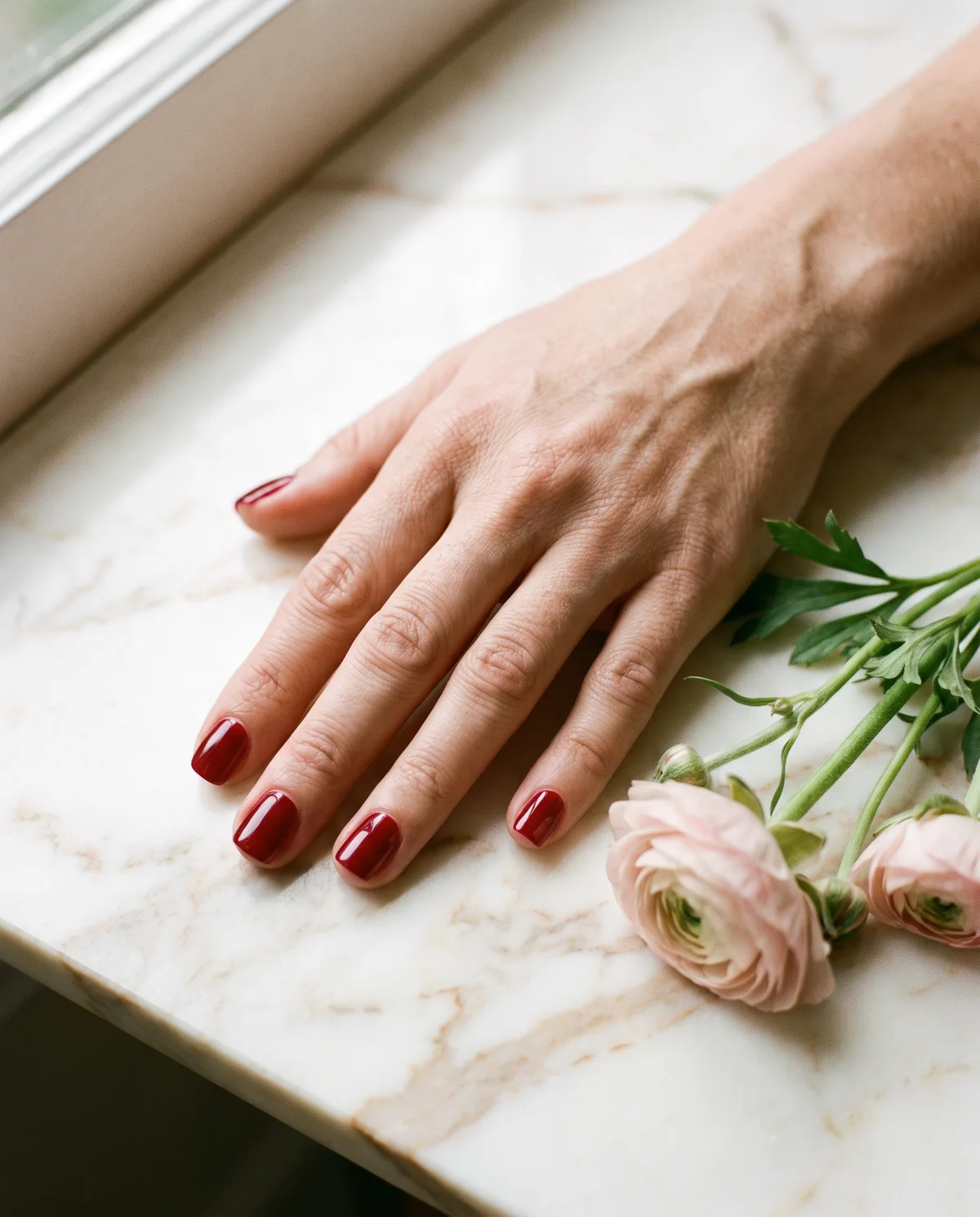 Short square nails in deep cherry red on white marble
