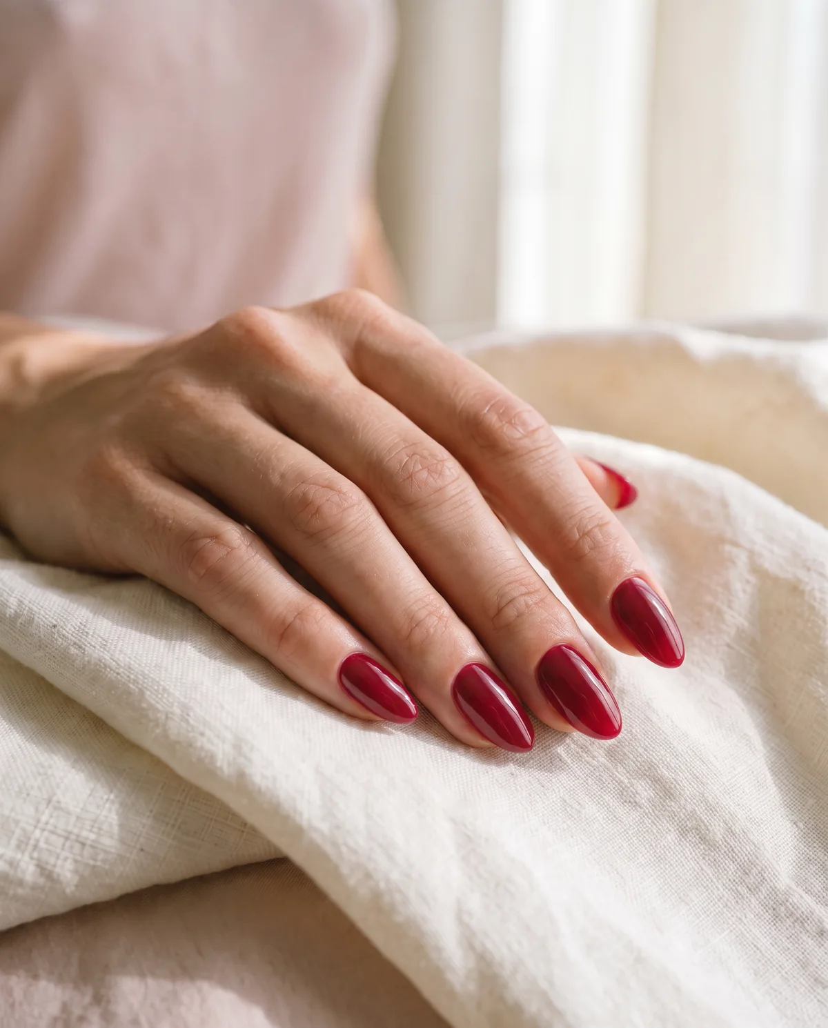 A hand with cherry red gel nails