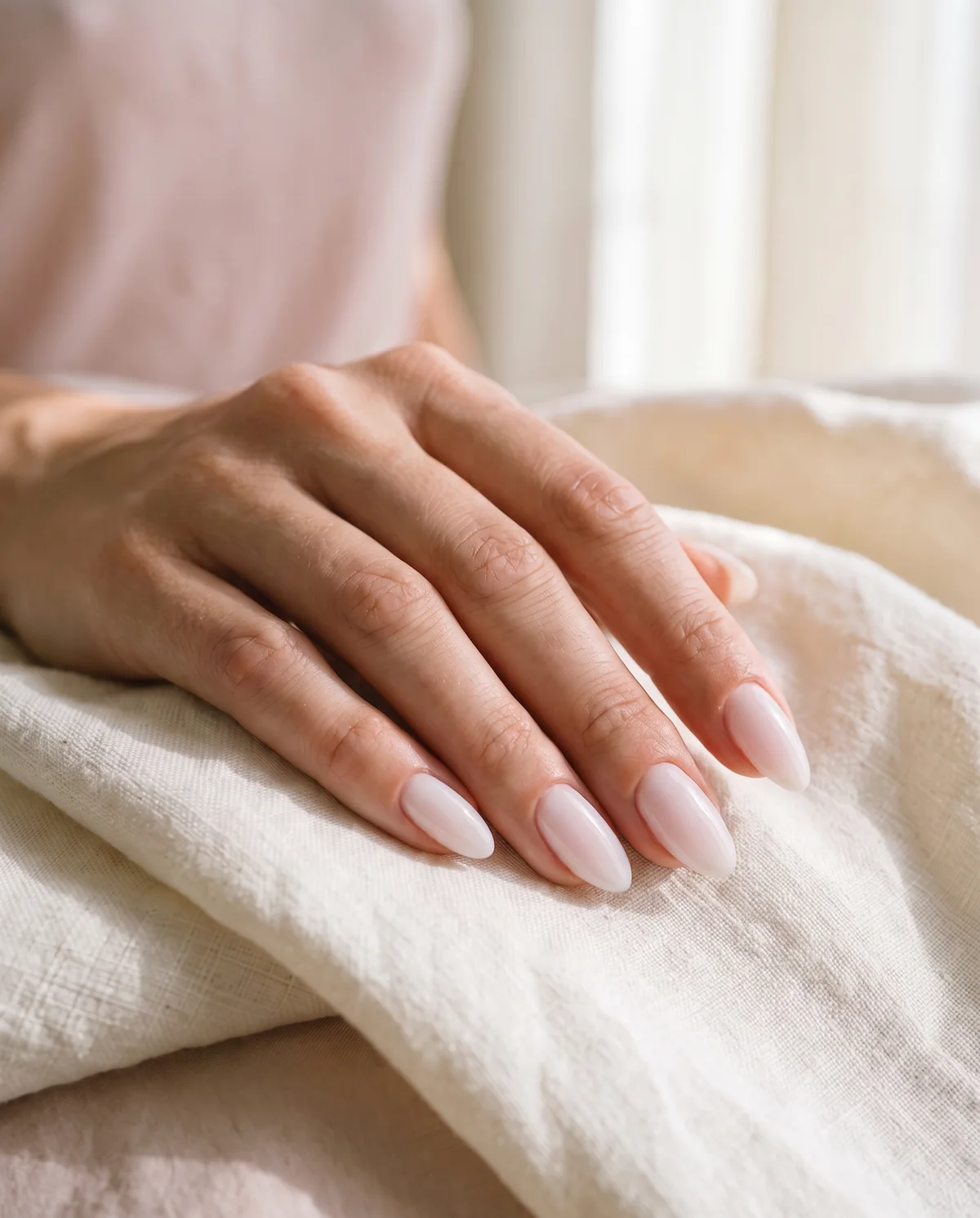 A hand with milky white gel nails