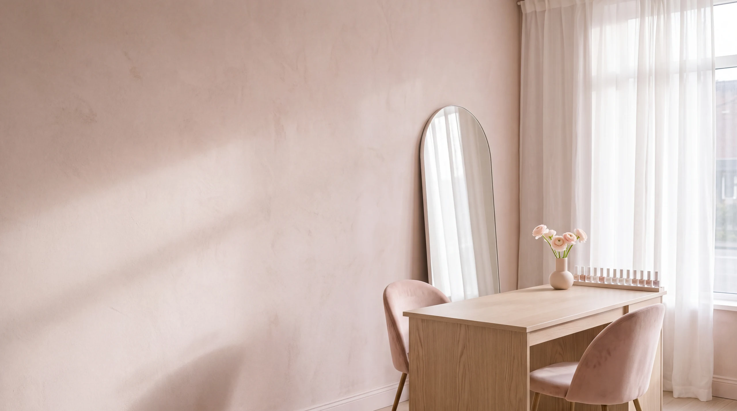 The studio in morning light: an oak manicure table by a tall curtained window