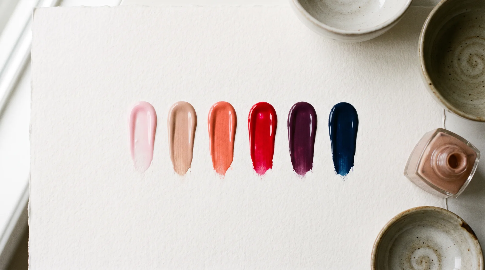 Brush strokes of polish on paper, from pink to navy